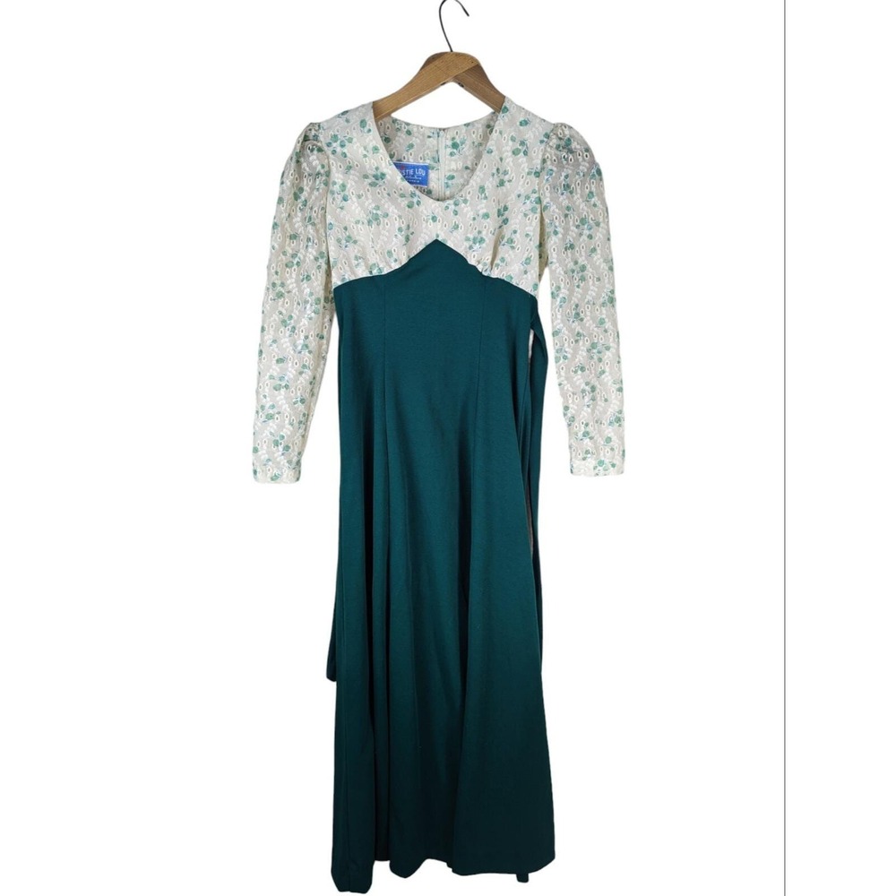 Vtg Kristie Lou California Juniors Cottage Prairie Dress Green Floral 70s‎ Tie